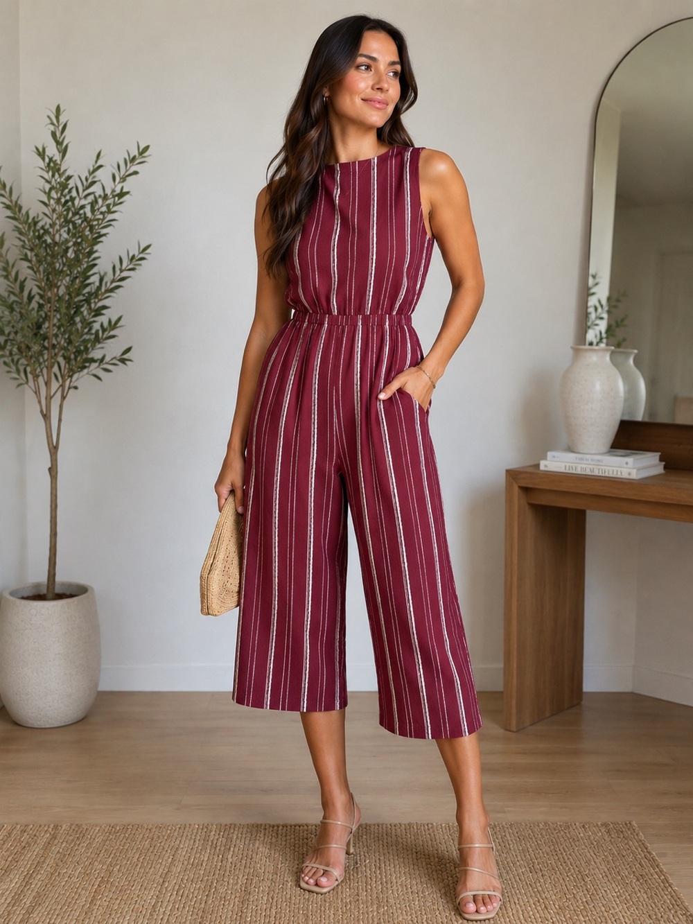 Kohl's Burgundy Striped Sleeveless Wide-Leg Jumpsuit
